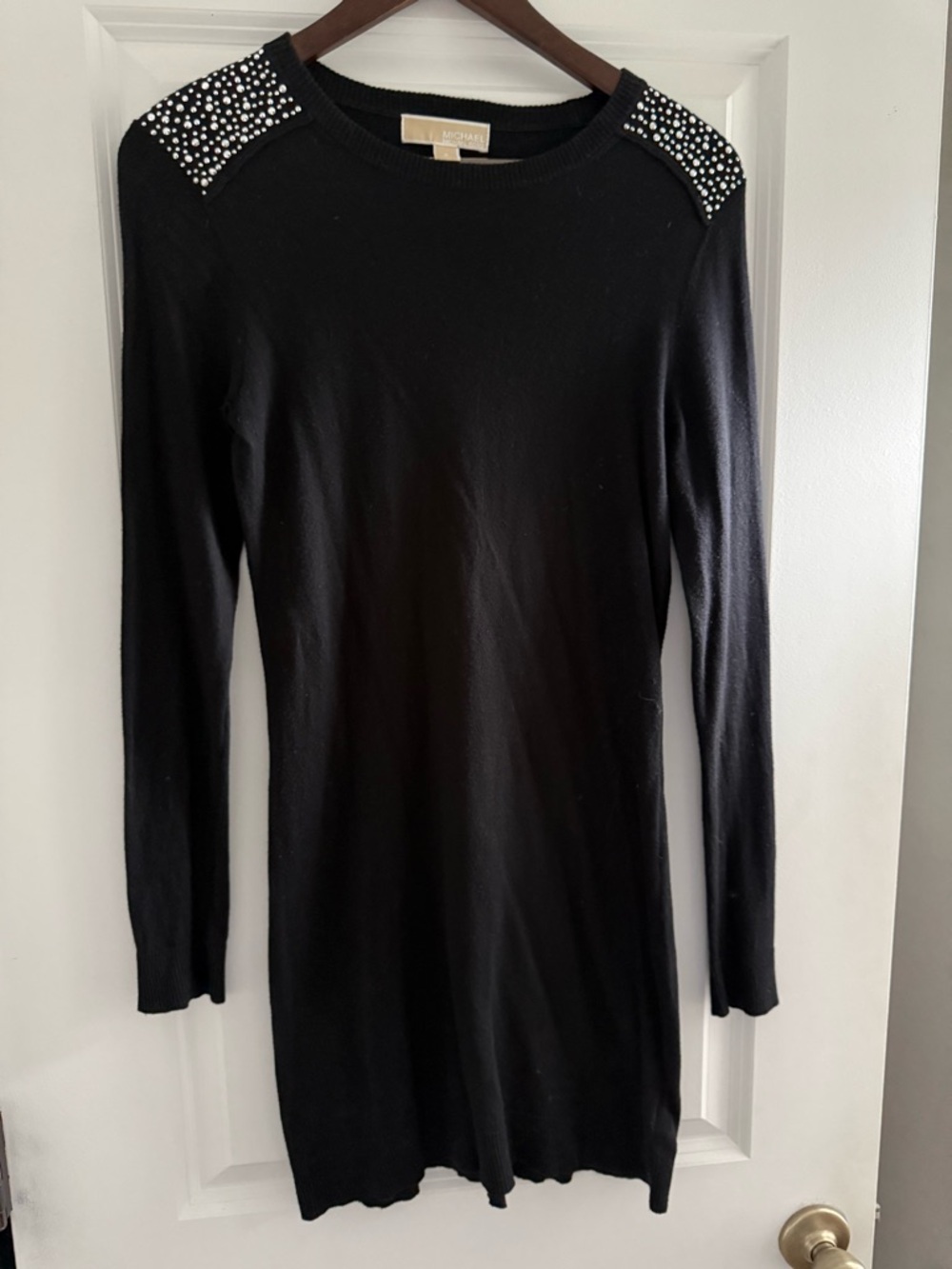 Michael Kors SZ S Black Long sleeve Sweater dress with Rhinestone Shoulders
